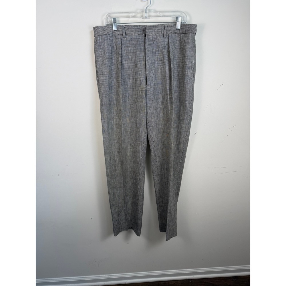 Polo Ralph Lauren Vintage Houndstooth Linen Blend Pleated Pants Mens 36/32 Gray